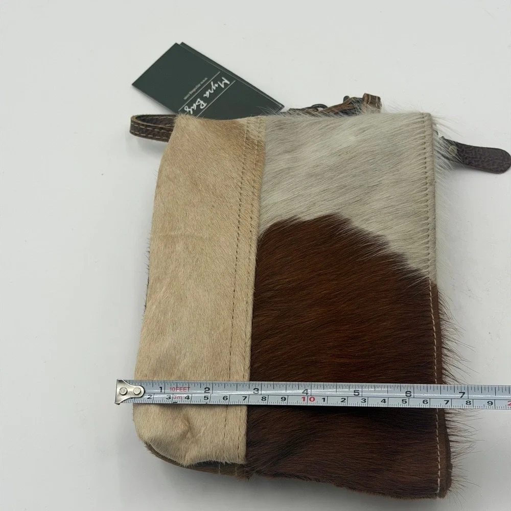 Myra Bag Multi Cowhide Leather Wristlet Clutch Brown Tan White Rodeo Rustic NWT